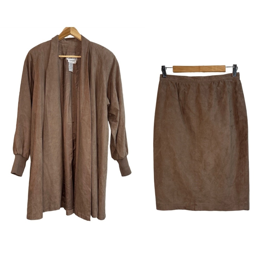 Ciao Ltd Vintage Faux‎ Suede Duster Coat and Skirt Set Brown Womens Size 10